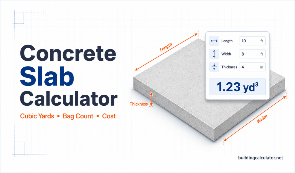Concrete Slab Calculator from BuildingCalculator.net showing slab dimensions and cubic yard estimate