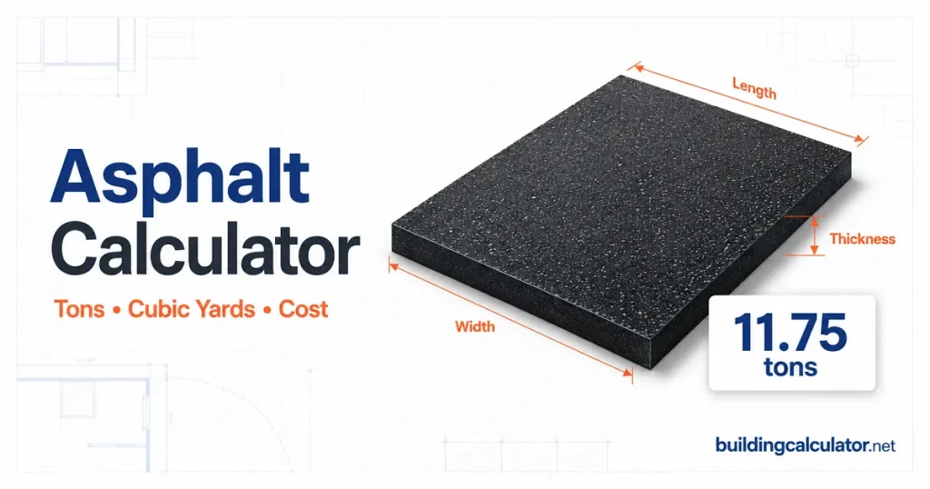 Asphalt Calculator from BuildingCalculator.net showing driveway dimensions and tonnage estimate