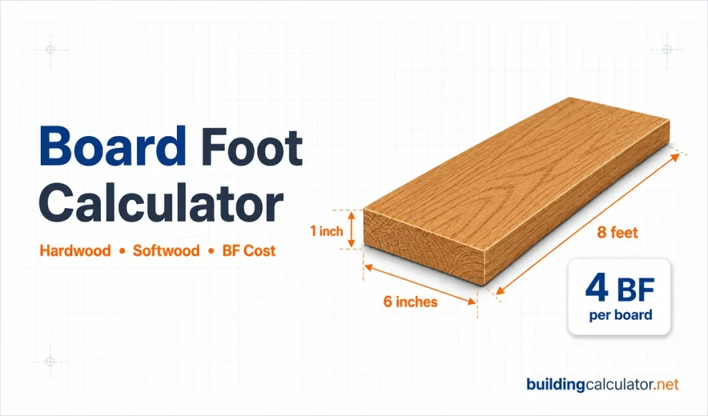 Single oak board labeled with 1 inch thickness, 6 inches width, and 8 feet length, equaling 4 board feet