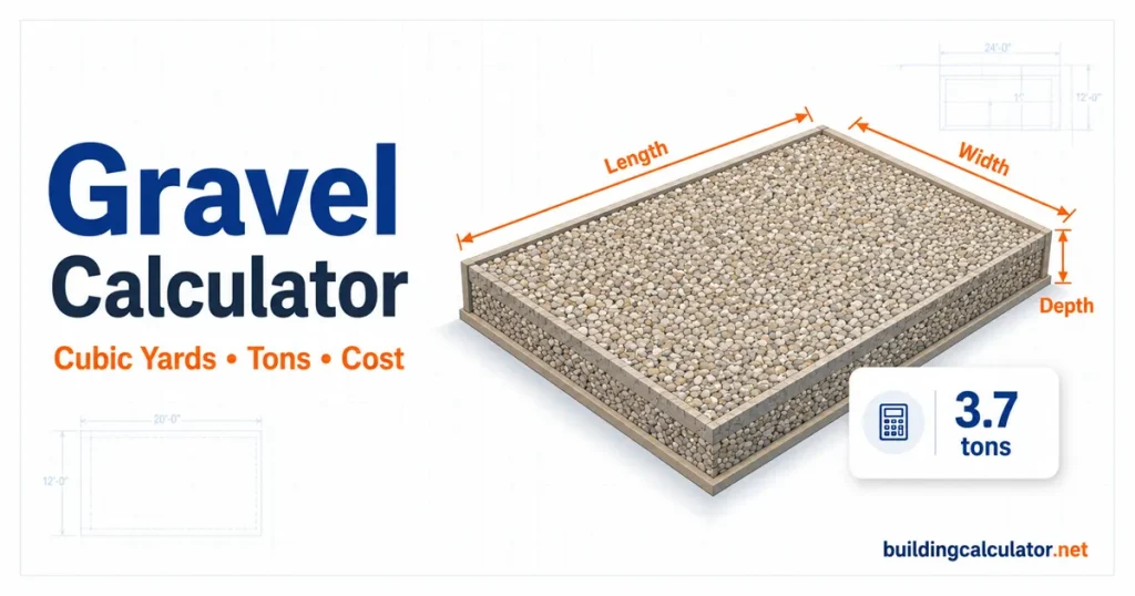Gravel Calculator from BuildingCalculator.net showing gravel area dimensions and tonnage estimate