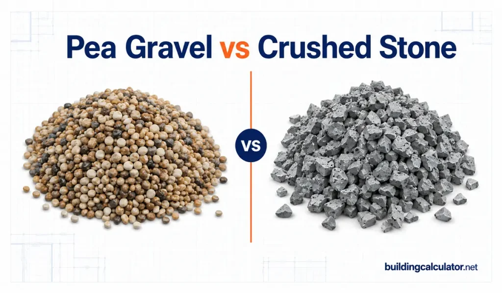 Pea gravel versus crushed stone comparison showing rounded gravel beside angular crushed stone
