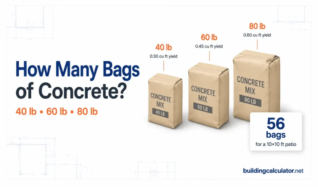 Stack of concrete bags with bag count chart showing how many 40, 60, and 80 pound bags are needed for common projects