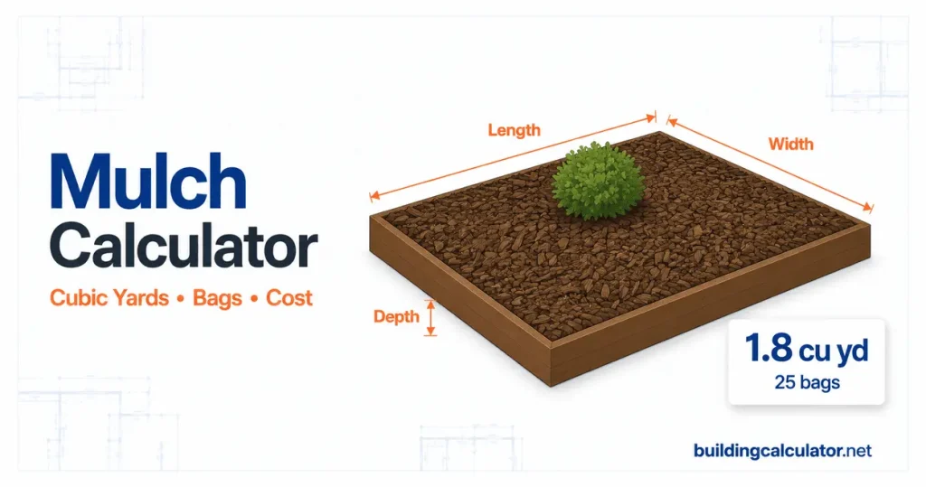 Mulch calculator illustration showing a mulch bed with length, width, and depth labeled for estimating