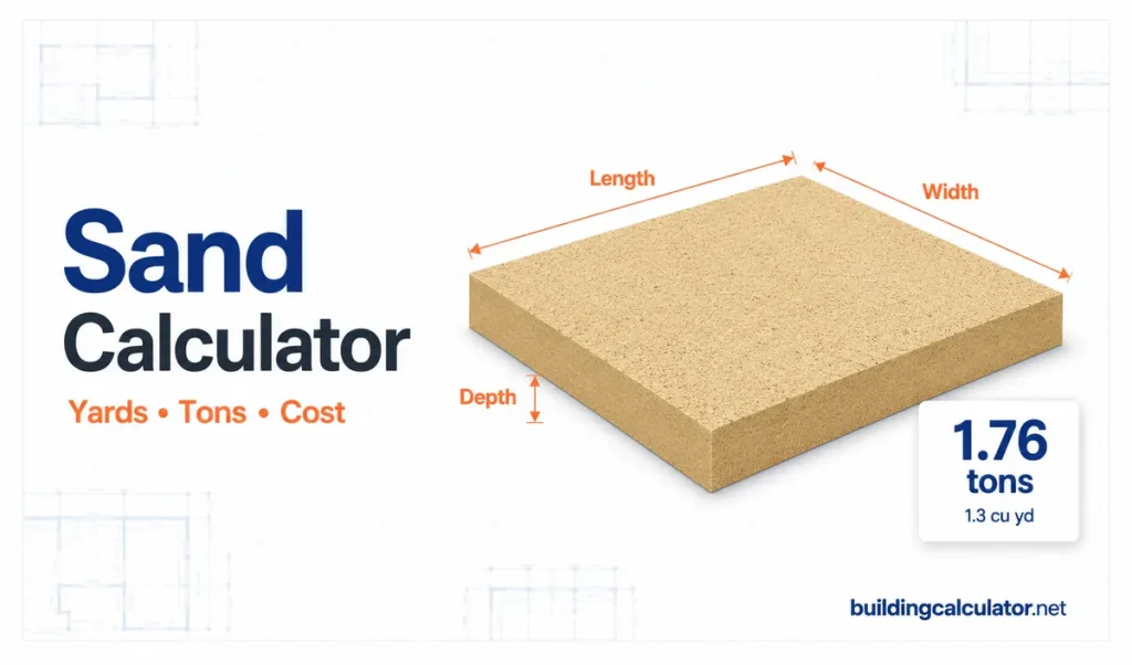 Sand calculator illustration showing a sand layer with length, width, and depth labeled for estimating