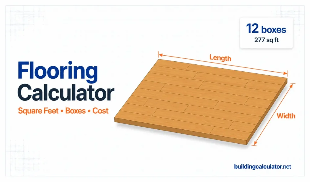 Flooring calculator illustration showing a wood plank floor with room length and width labeled
