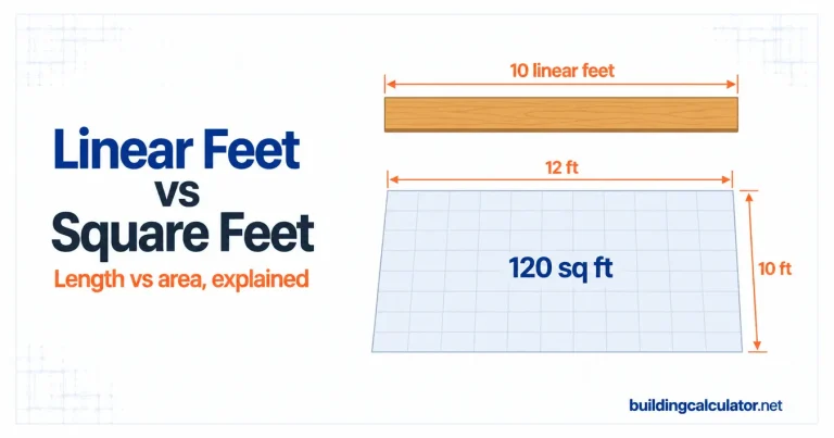 Linear feet vs square feet comparison showing a measured board length beside a floor area grid measurement