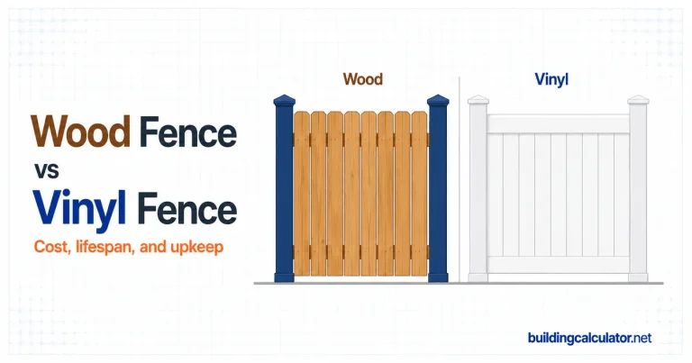 Wood fence and vinyl fence compared side by side showing a natural wood panel beside a white vinyl panel