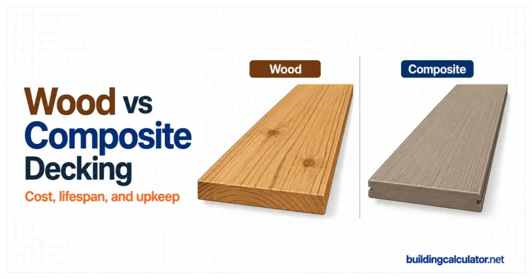 Wood and composite decking compared side by side showing a natural wood board beside a composite board